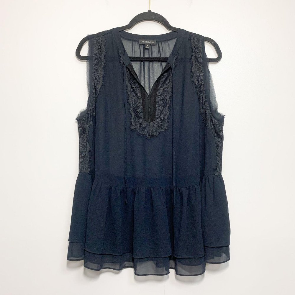 Lane Bryant Sheer Lace Detail Tie Neck Peplum Top